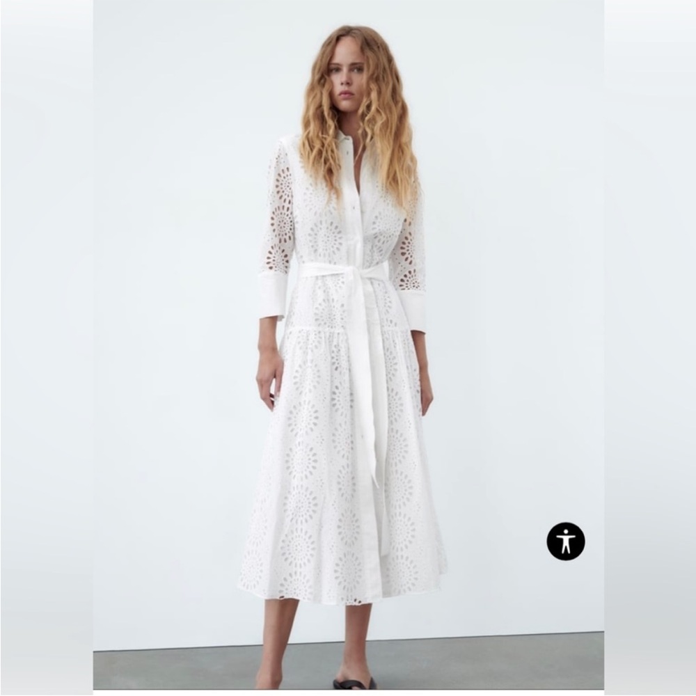 NWT ZARA BELTED SHIRTDRESS SIZE XL Midi dress  Tied self belt embroidered eyelet
